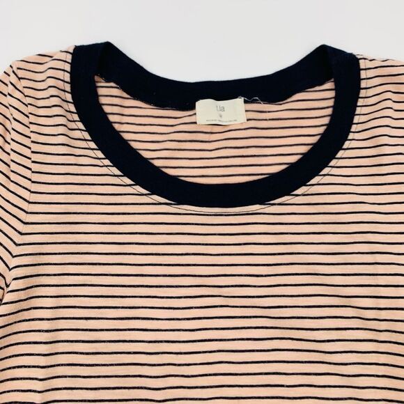ANTHROPOLOGIE T.La BLUSH NAVY BLUE SHORT SLEEVE STRIPED STITCHED TEE TOP Sz Med - Picture 4 of 7